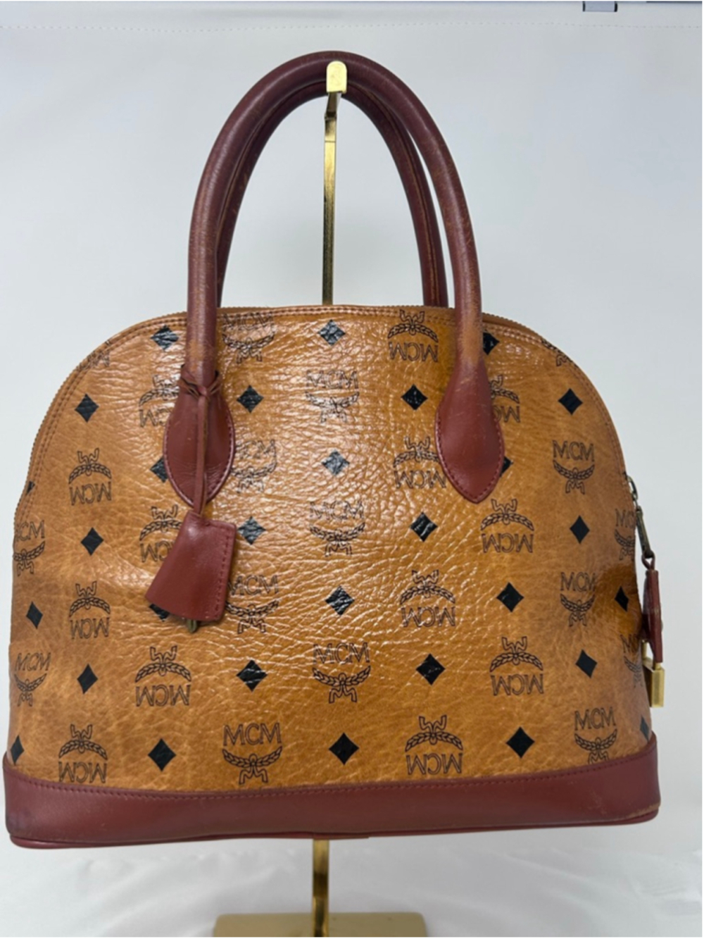 Vintage MCM Visetos Alma Satchel Cognac Monogram Leather Lock Key - Picture 3 of 16